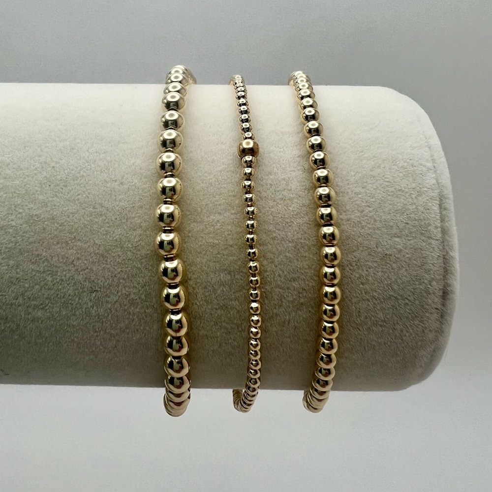 π Set of 2mm 3mm 4mm 14k Gold Filled Beaded Stretch Bracelets - Picture 4 of 9